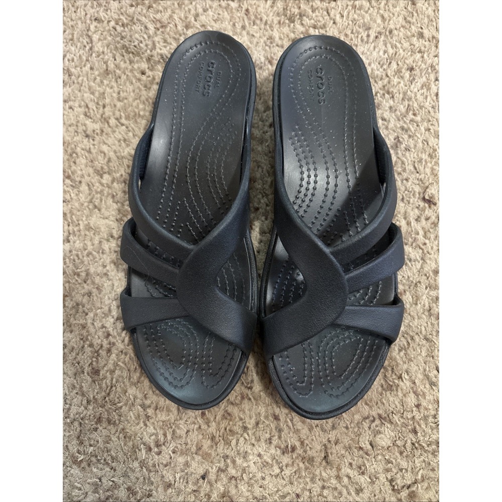 Crocs Meleen Twist Black Wedge Sandals Womens Size 7 Dual Comfort Slip On